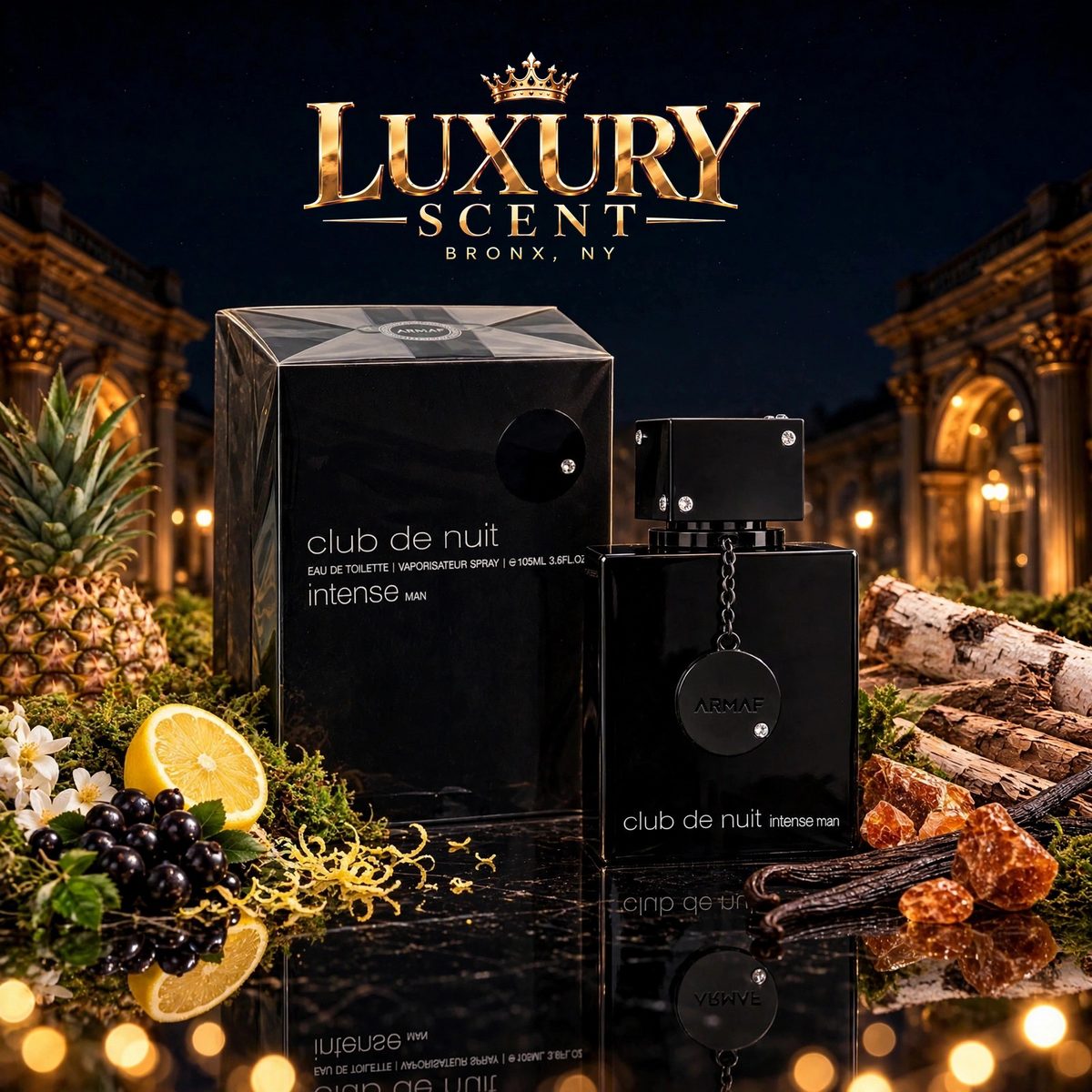Premium AI product photo produced by Joan & Randy Visuals for Luxury Scent: Armaf Club de Nuit Intense Man bottle and box on black marble in a dramatic studio scene